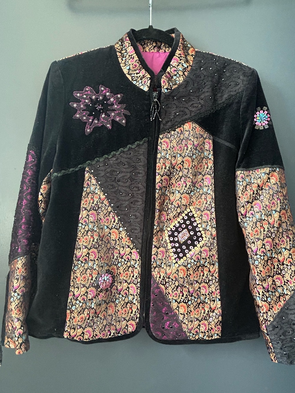Vintage Purple & Black Velvet Beaded Patchwork Blazer with Gold Brocade